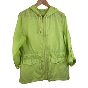 Style & Co Sport Womens Size M Green Full Zip Hooded Windbreaker Roll Tab Sleeve